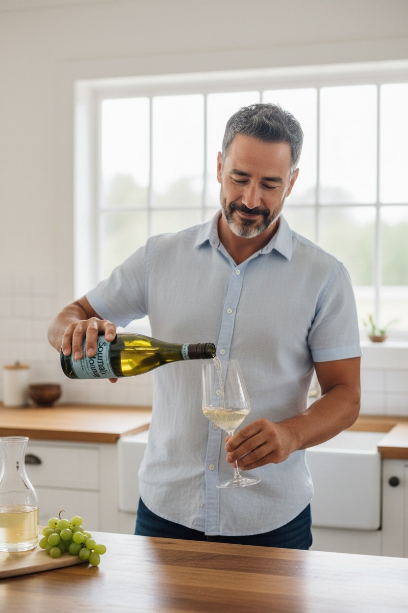 Man pouring white wine into a glass in a kitchen.