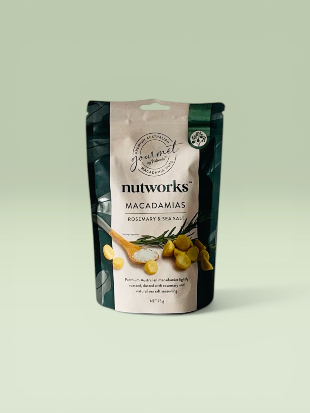 Packaged macadamias with rosemary and sea salt on a light green background